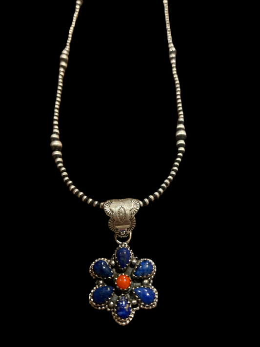 Lapis & red coral cluster pendant on 2mm-6mm graduated Navajo pearls