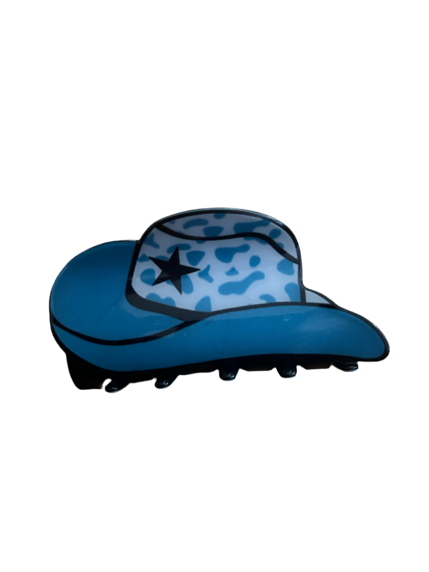 Blue cow print cowboy hat claw clip