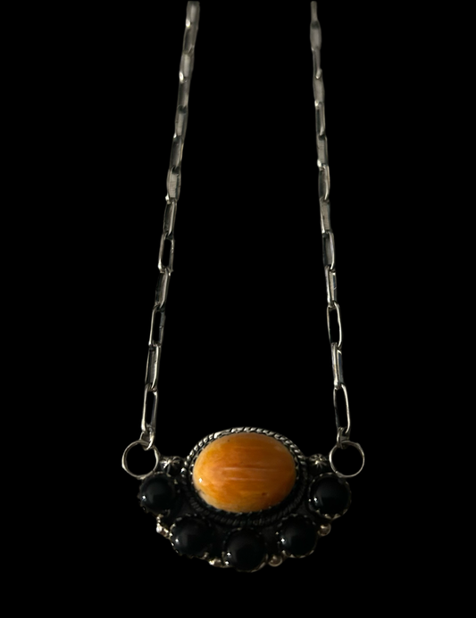 Black onyx & orange spiny oyster half cluster necklace