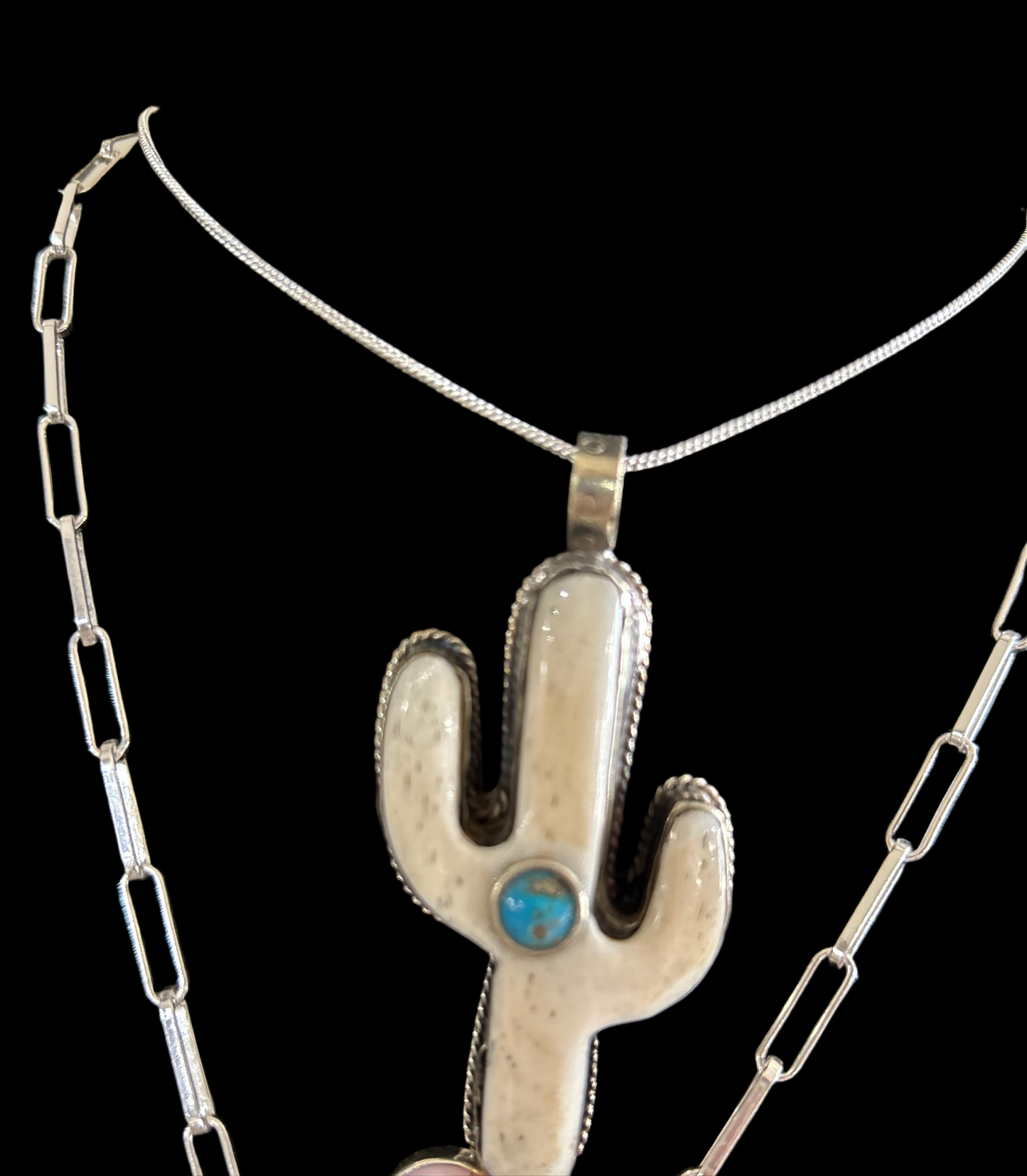 Handmade buffalo bone & turquoise cactus pendant/necklace