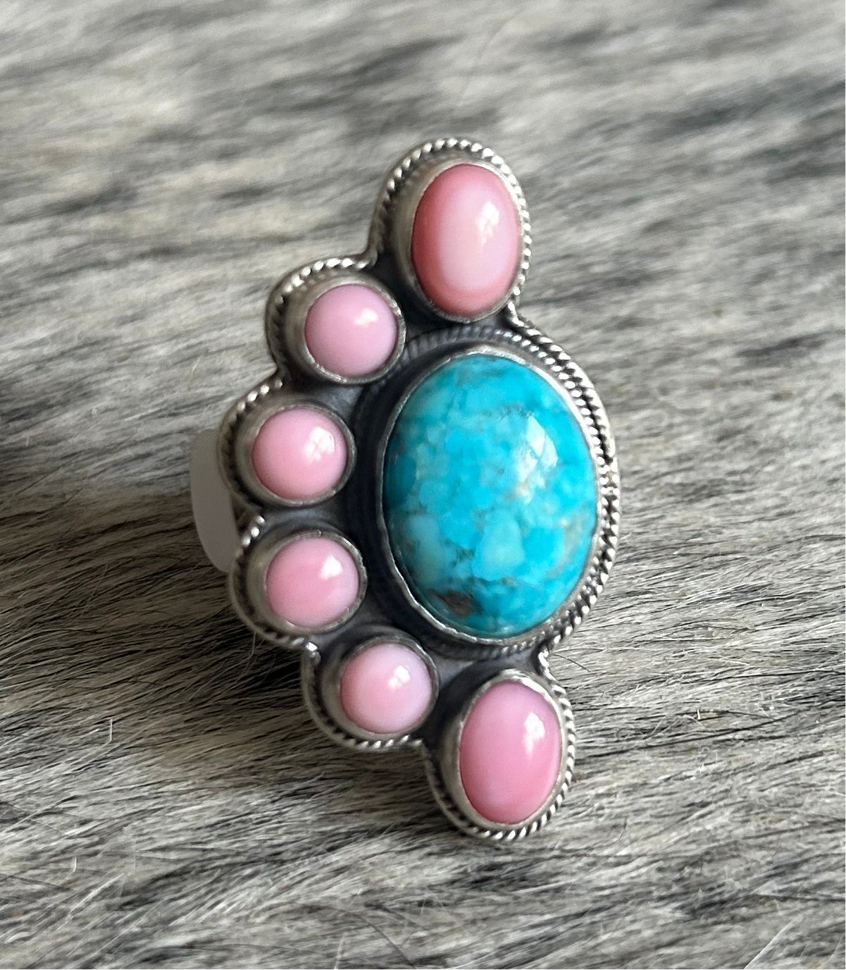 Pink conch & kingman turquoise half cluster ring