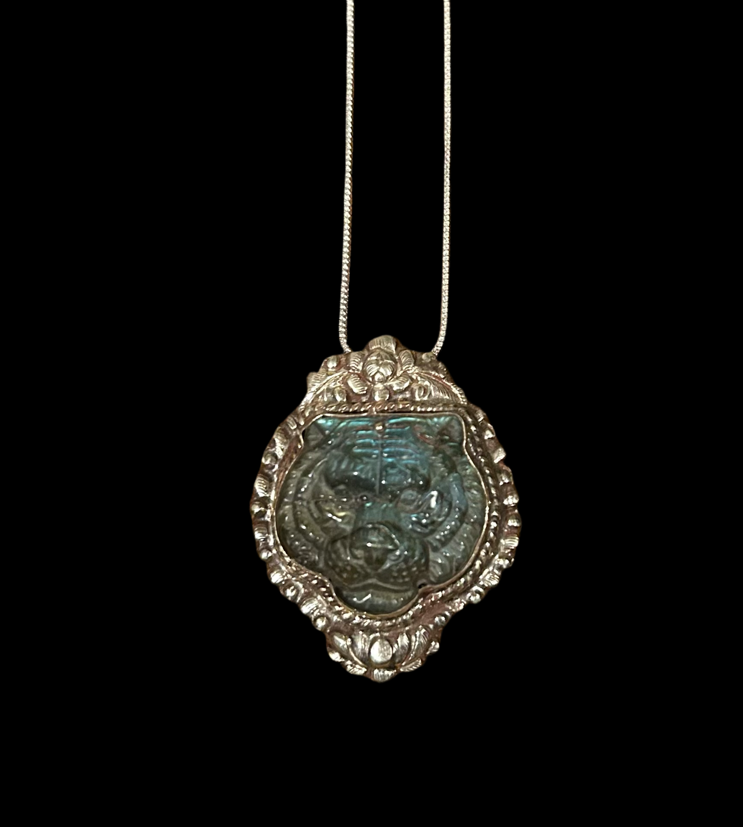 Labradorite hand carved tiger pendant