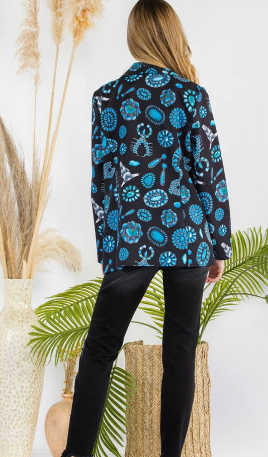 Turquoise Print V Neck Long Sleeve Blazer