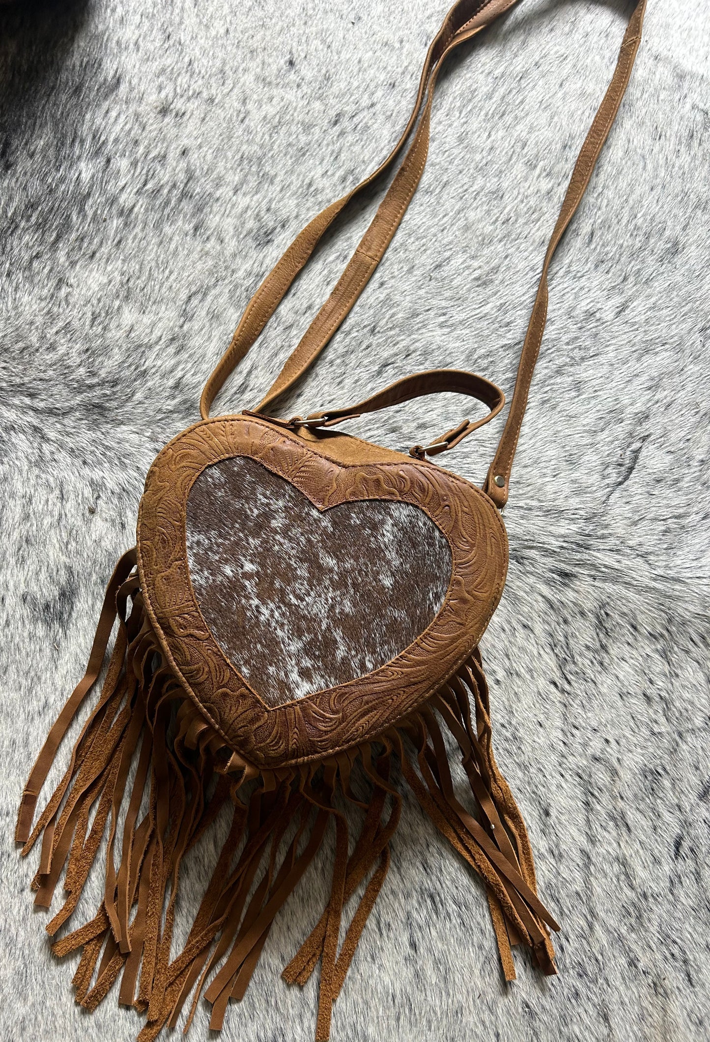 Brown Tooled & Brindle Cowhide Heart Purse