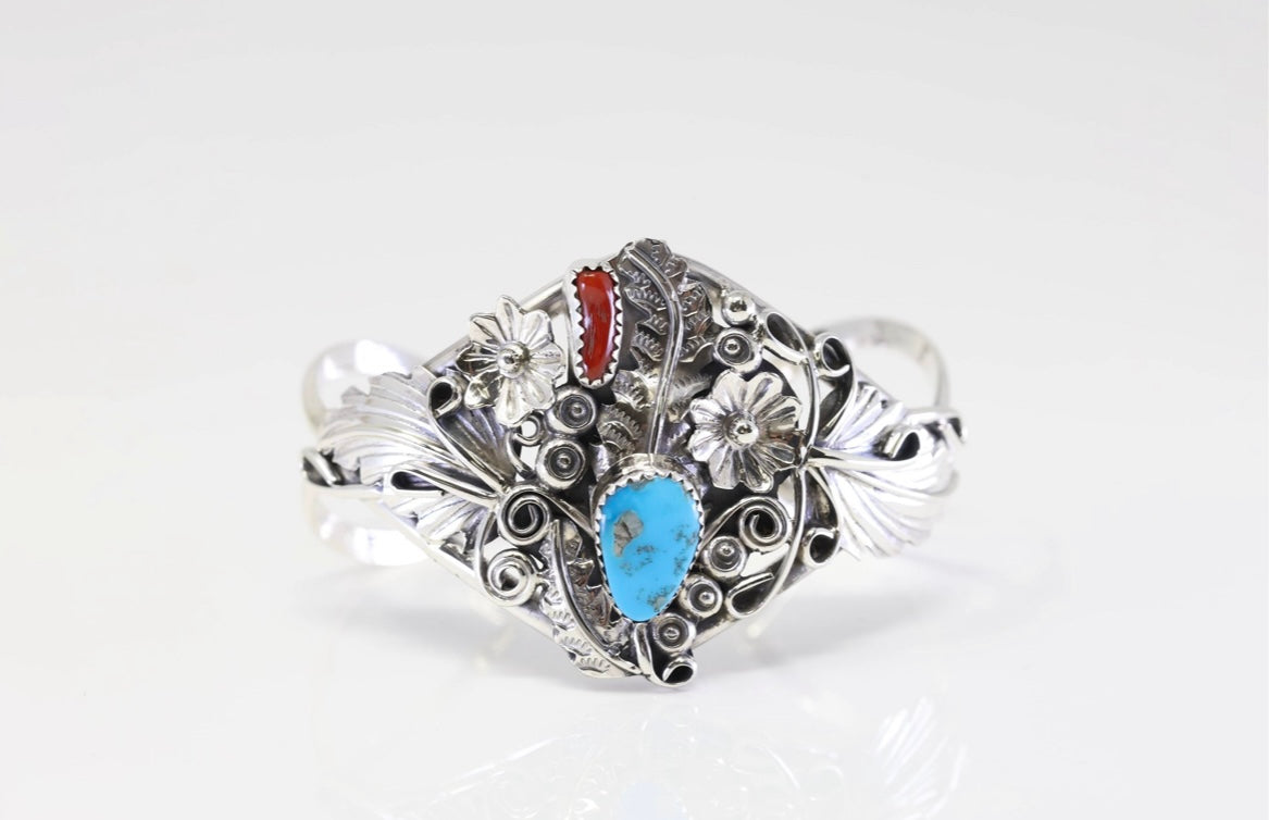 Native America Navajo Sterling Silver Coral & Turquoise Bracelet Cuff By Harry B.Yazzie.