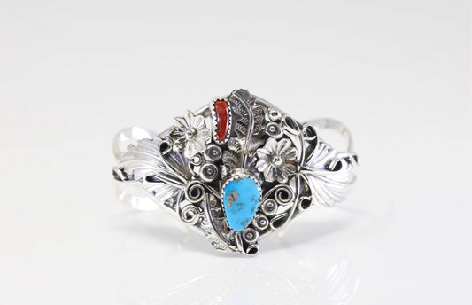 Native America Navajo Sterling Silver Coral & Turquoise Bracelet Cuff By Harry B.Yazzie.