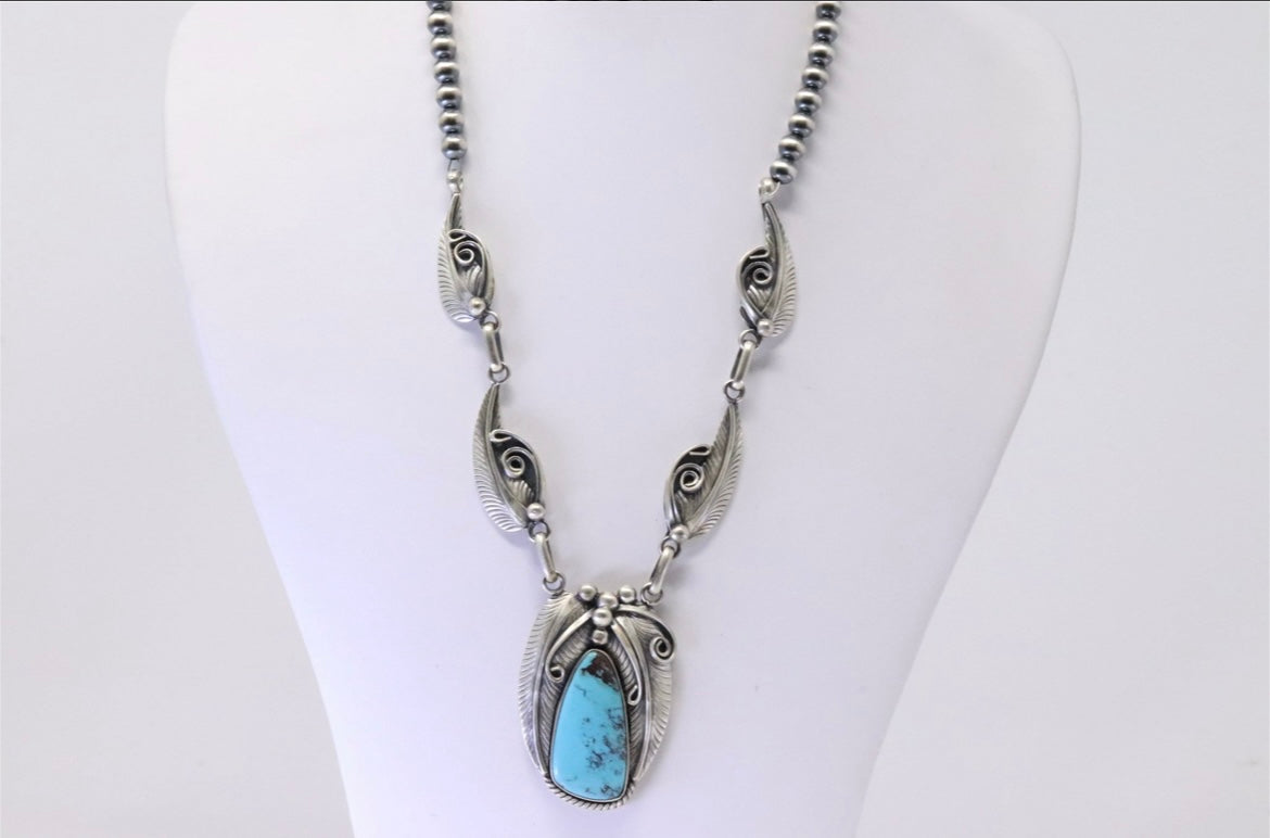 Native America Navajo Sterling Silver Turquoise Necklace Leaf By Davey Morgan.