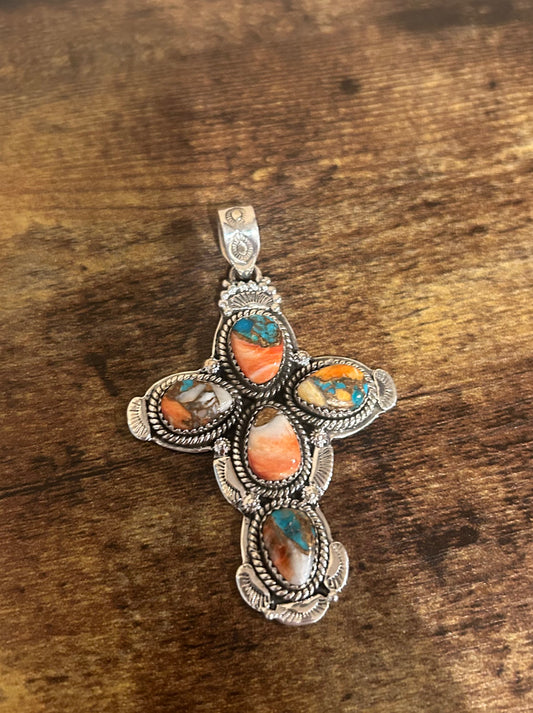 Orange spiny oyster & turquoise cross pendant