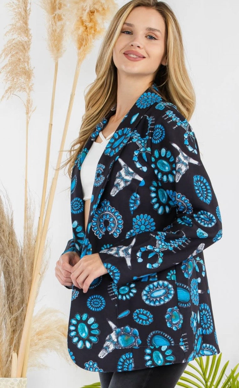 Turquoise Print V Neck Long Sleeve Blazer