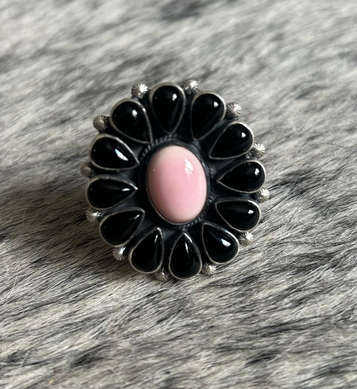 Black onyx & pink conch native made cluster ring