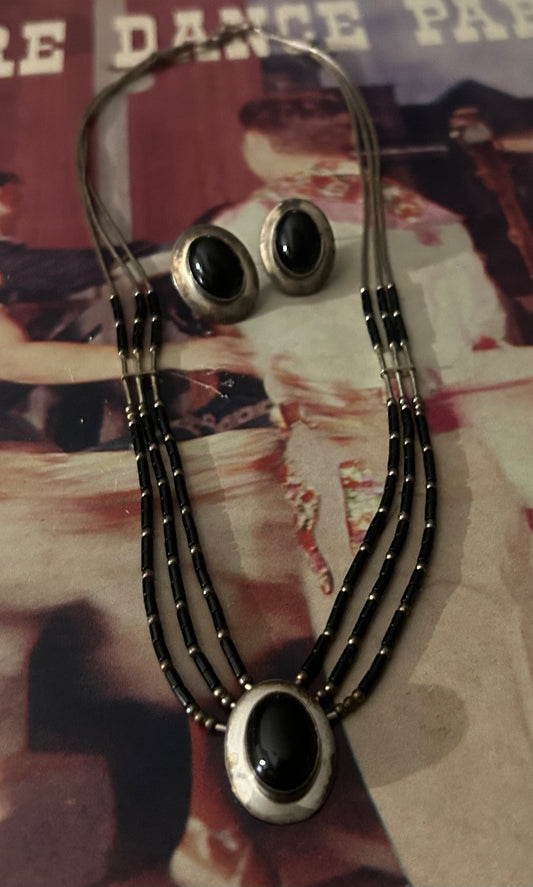 Vintage black onyx necklace & earrings set