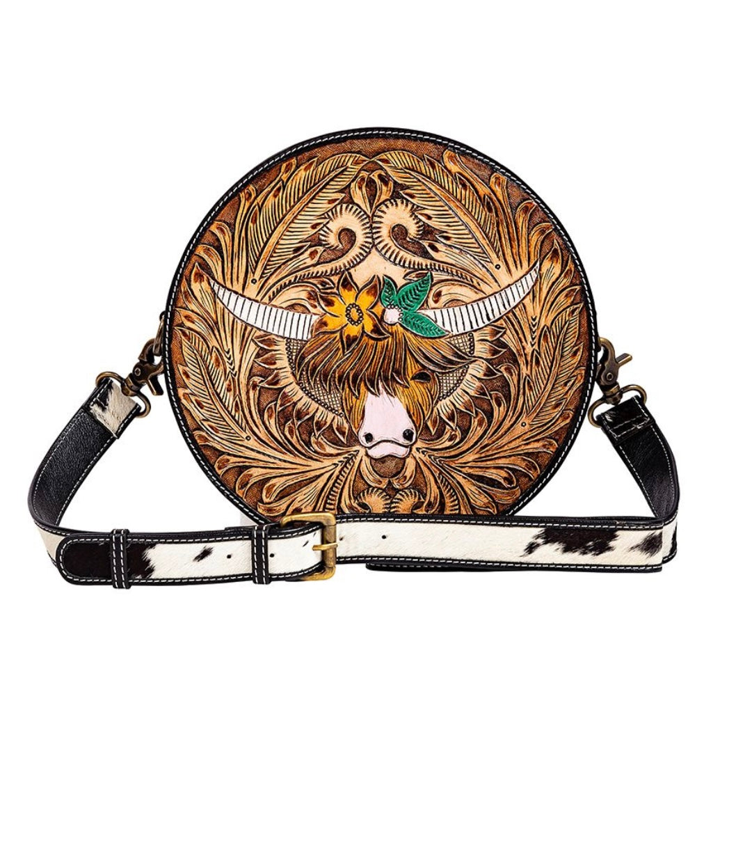 BLOOMIN' STEER HAND-TOOLED ROUND BAG