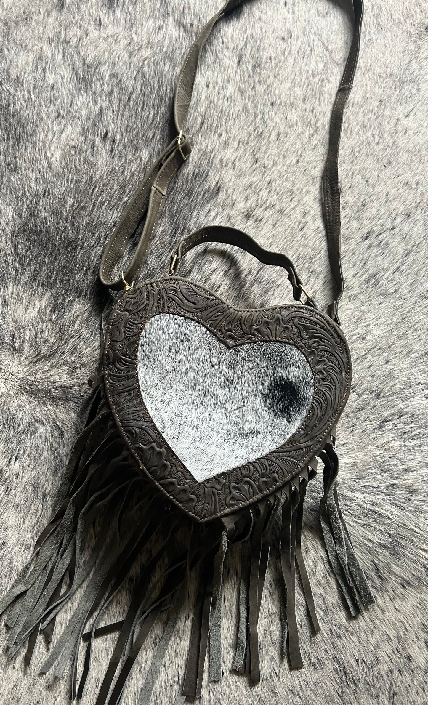 Grey Tooled Leather With White Cowhide Heart Purse