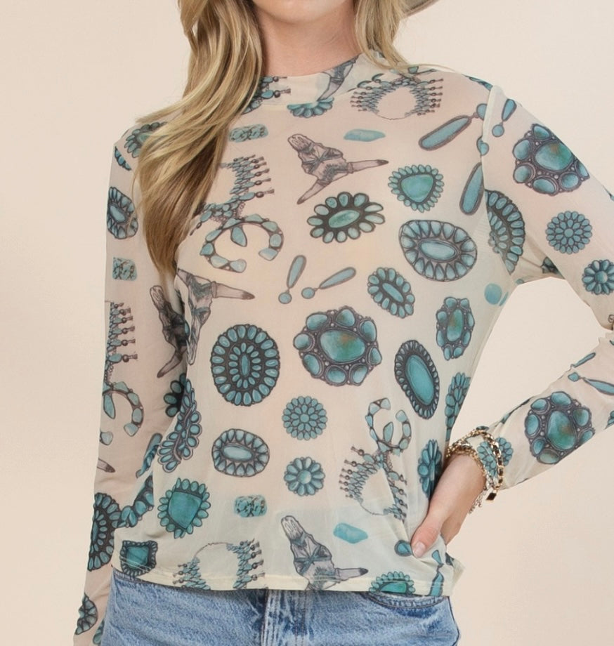 Turquoise Junkie Mesh Long Sleeve Top