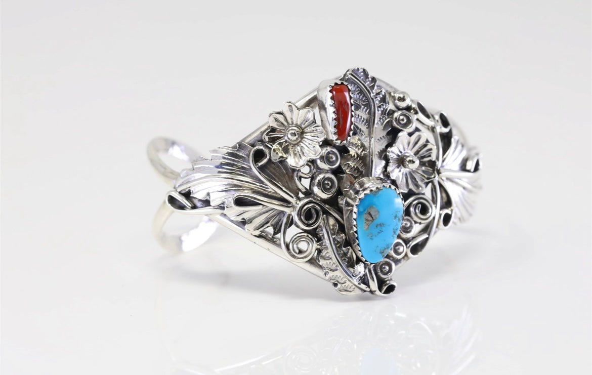 Native America Navajo Sterling Silver Coral & Turquoise Bracelet Cuff By Harry B.Yazzie.