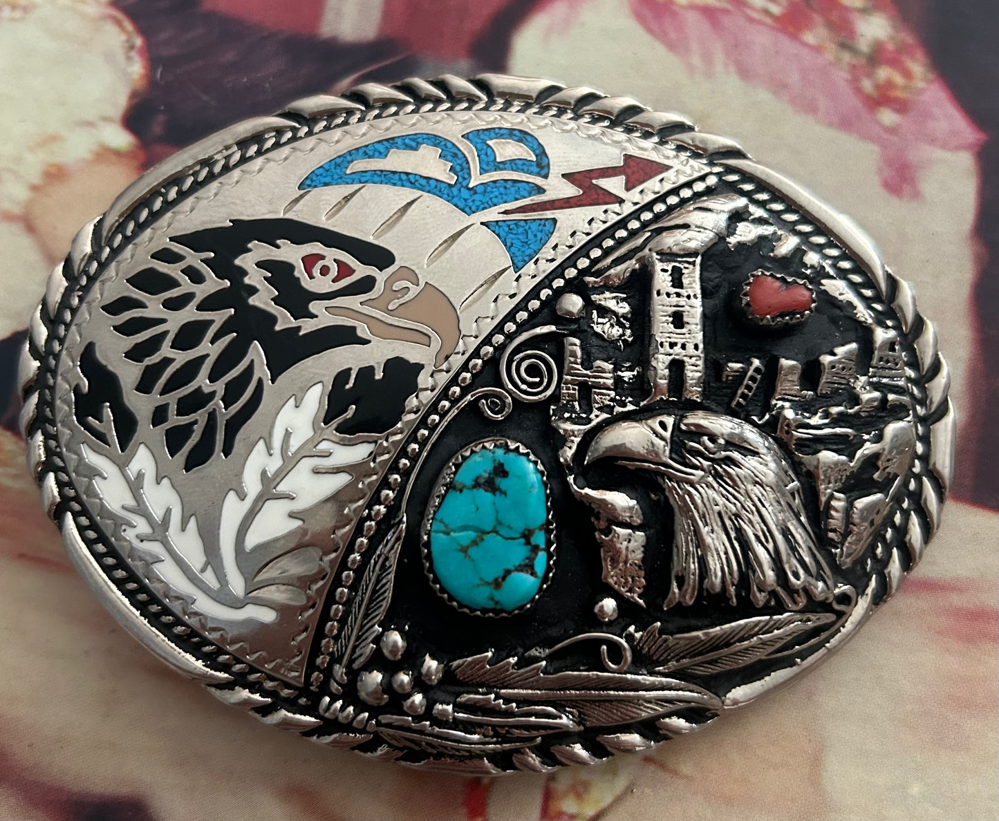 Coral & turquoise eagle belt buckle