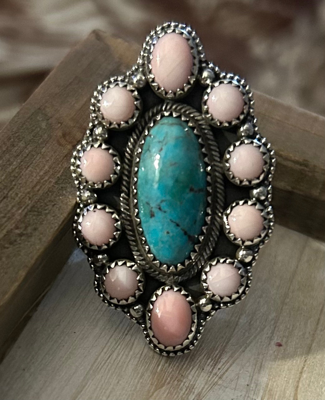 Pink conch & Kingman Turquoise cluster Ring