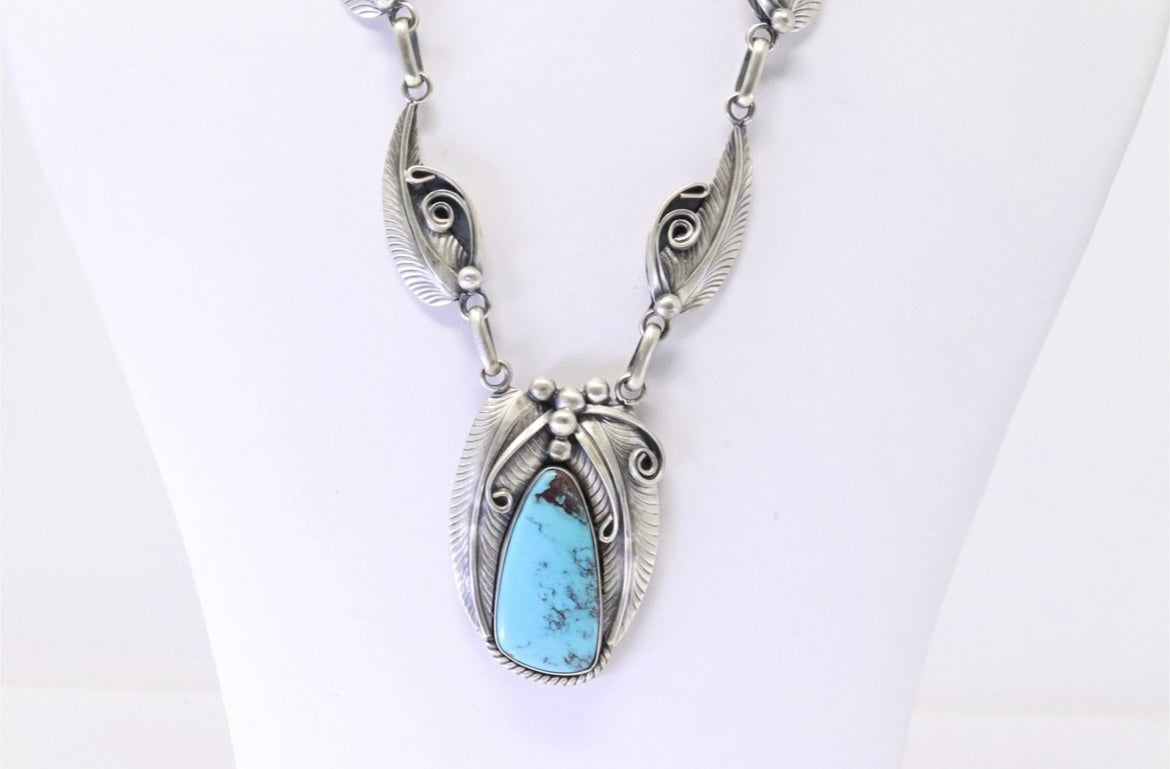 Native America Navajo Sterling Silver Turquoise Necklace Leaf By Davey Morgan.