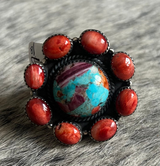 Red spiny & kingman turquoise, purple & orange spiny combo cluster ring