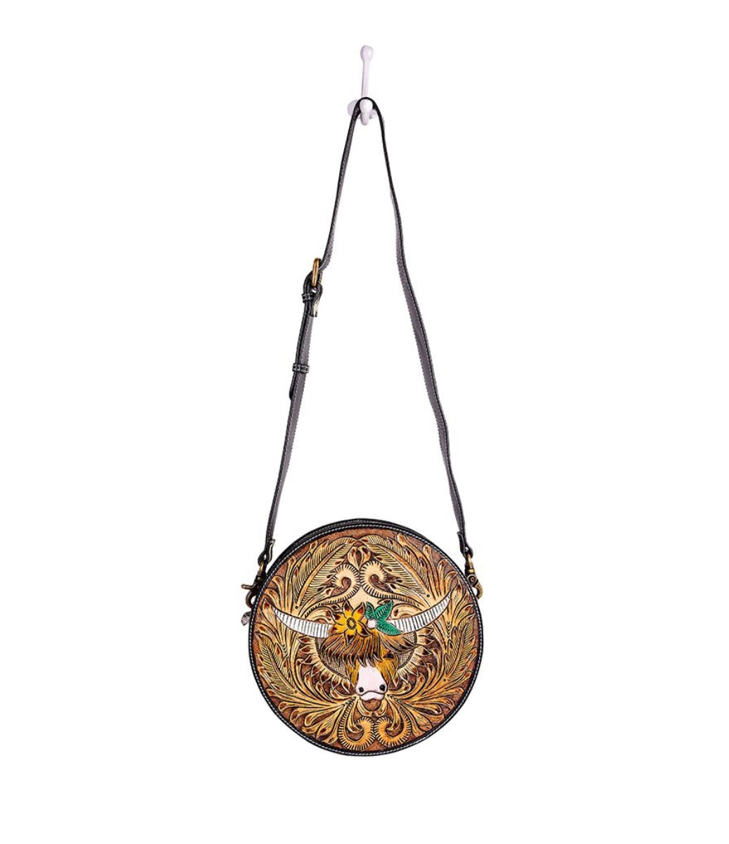 BLOOMIN' STEER HAND-TOOLED ROUND BAG