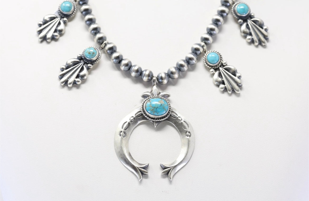 Native American Navajo Sterling Silver Turquoise Squash Blossom Necklace By Bobby Platero.