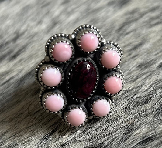 Purple spiny & pink conch dainty cluster ring