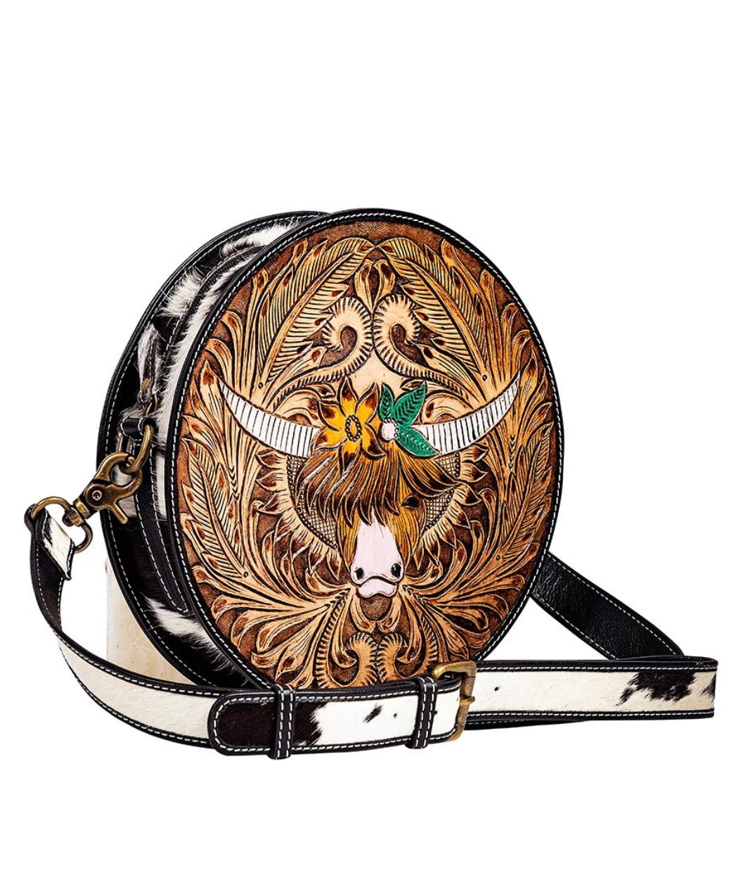 BLOOMIN' STEER HAND-TOOLED ROUND BAG