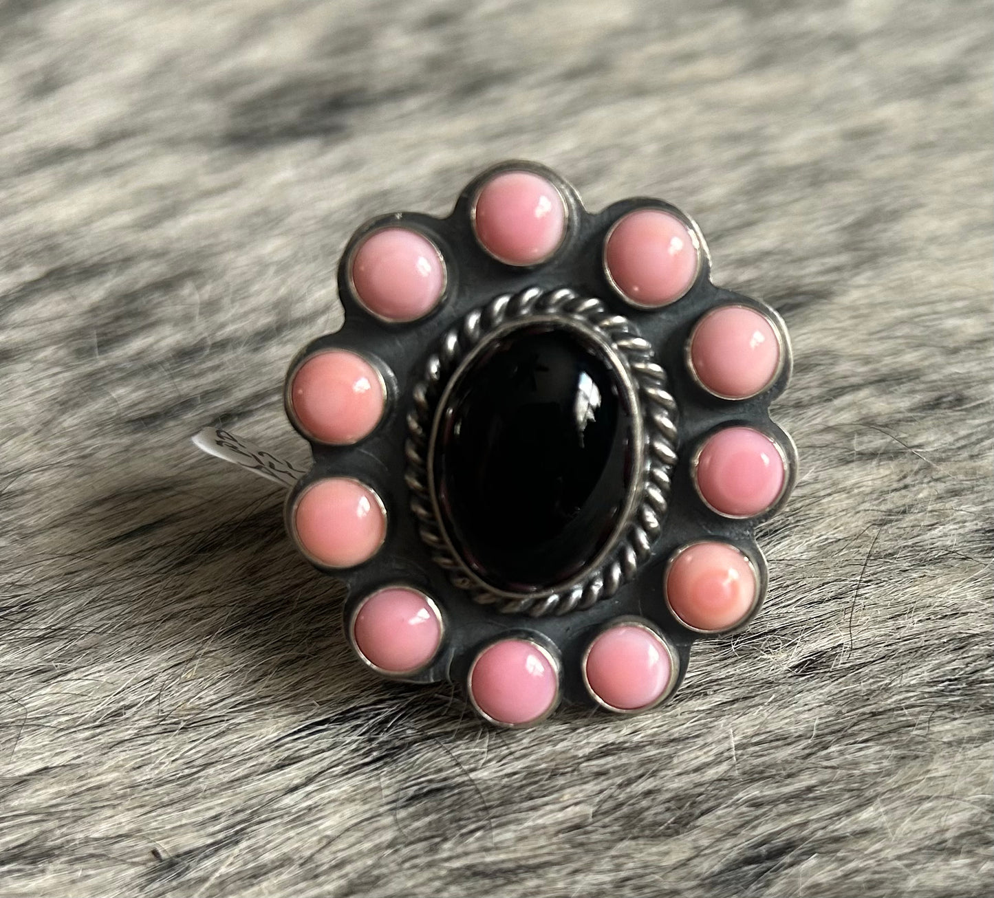 Black onyx & pink conch native made cluster ring