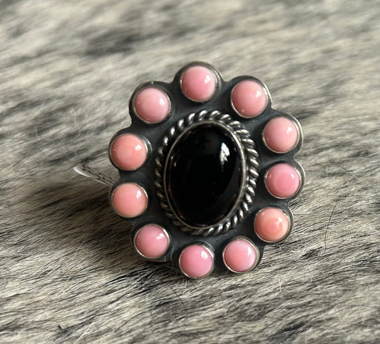 Black onyx & pink conch native made cluster ring