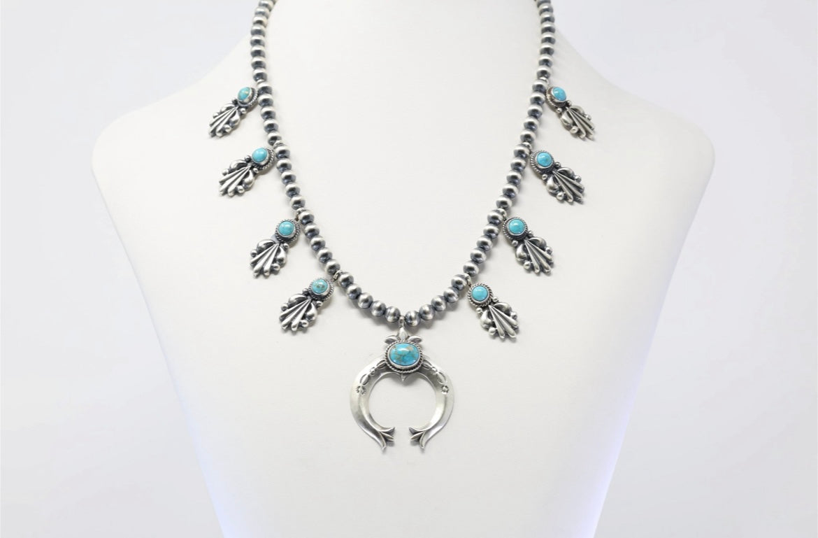 Native American Navajo Sterling Silver Turquoise Squash Blossom Necklace By Bobby Platero.