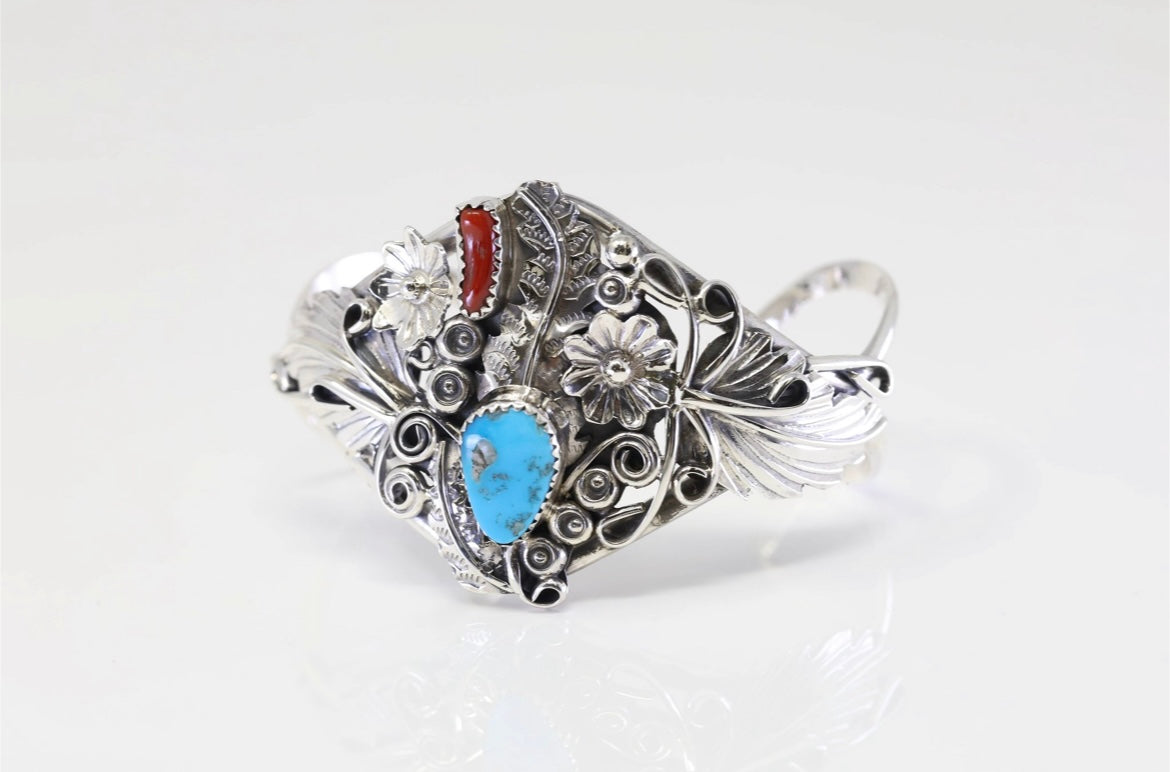 Native America Navajo Sterling Silver Coral & Turquoise Bracelet Cuff By Harry B.Yazzie.