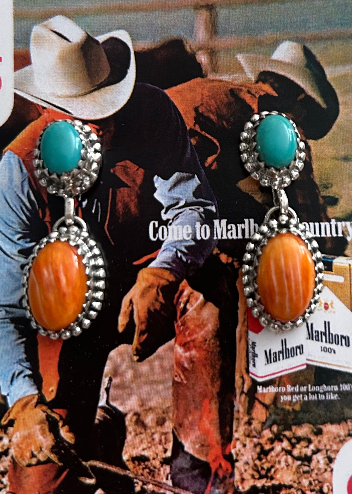 Orange spiny oyster & kingman turquoise stud dangle earrings