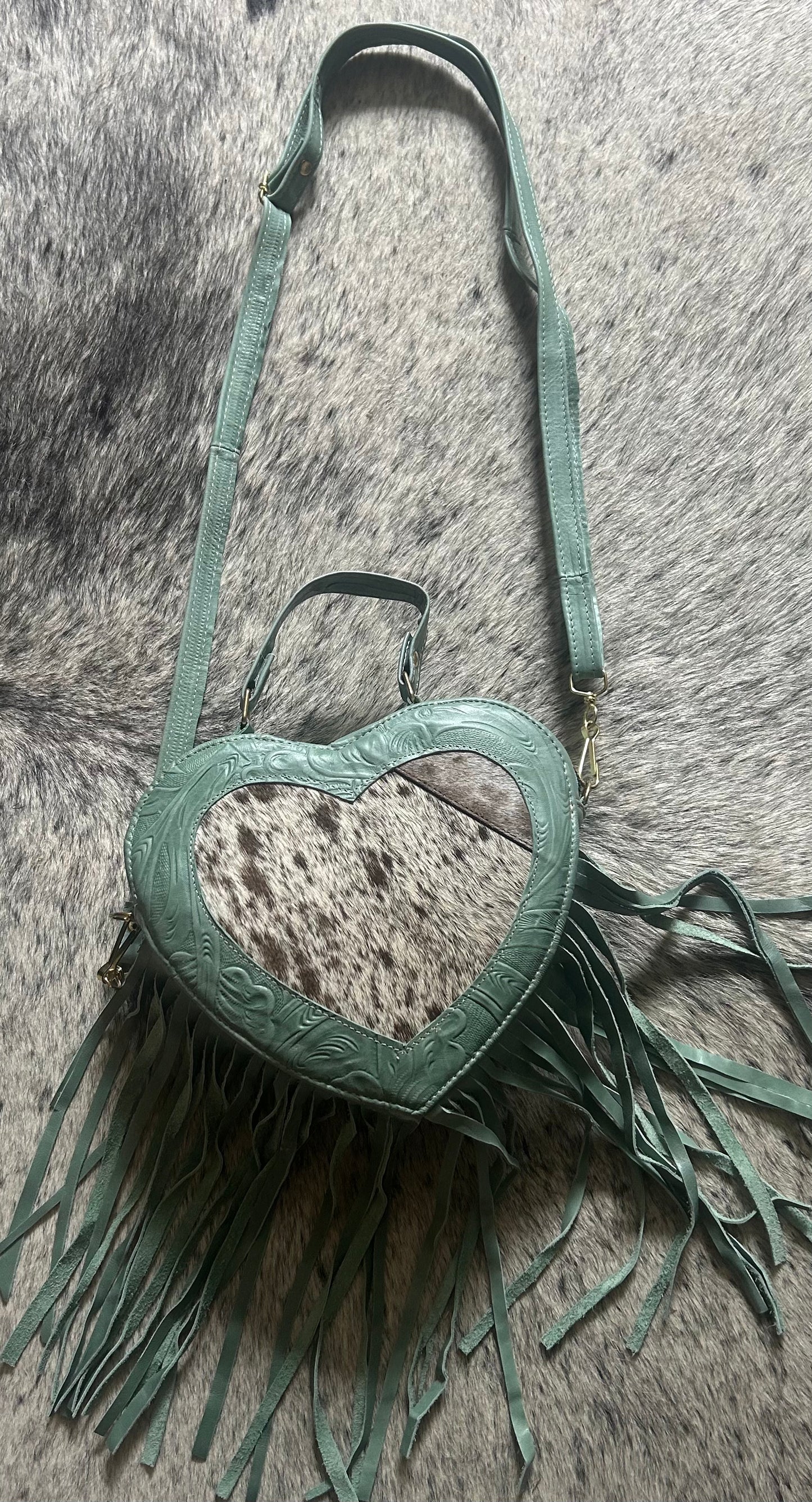 Mint Turquoise & White Cowhide Heart Purse