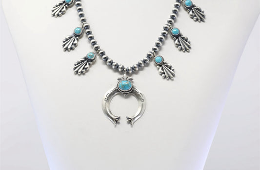 Native American Navajo Sterling Silver Turquoise Squash Blossom Necklace By Bobby Platero.