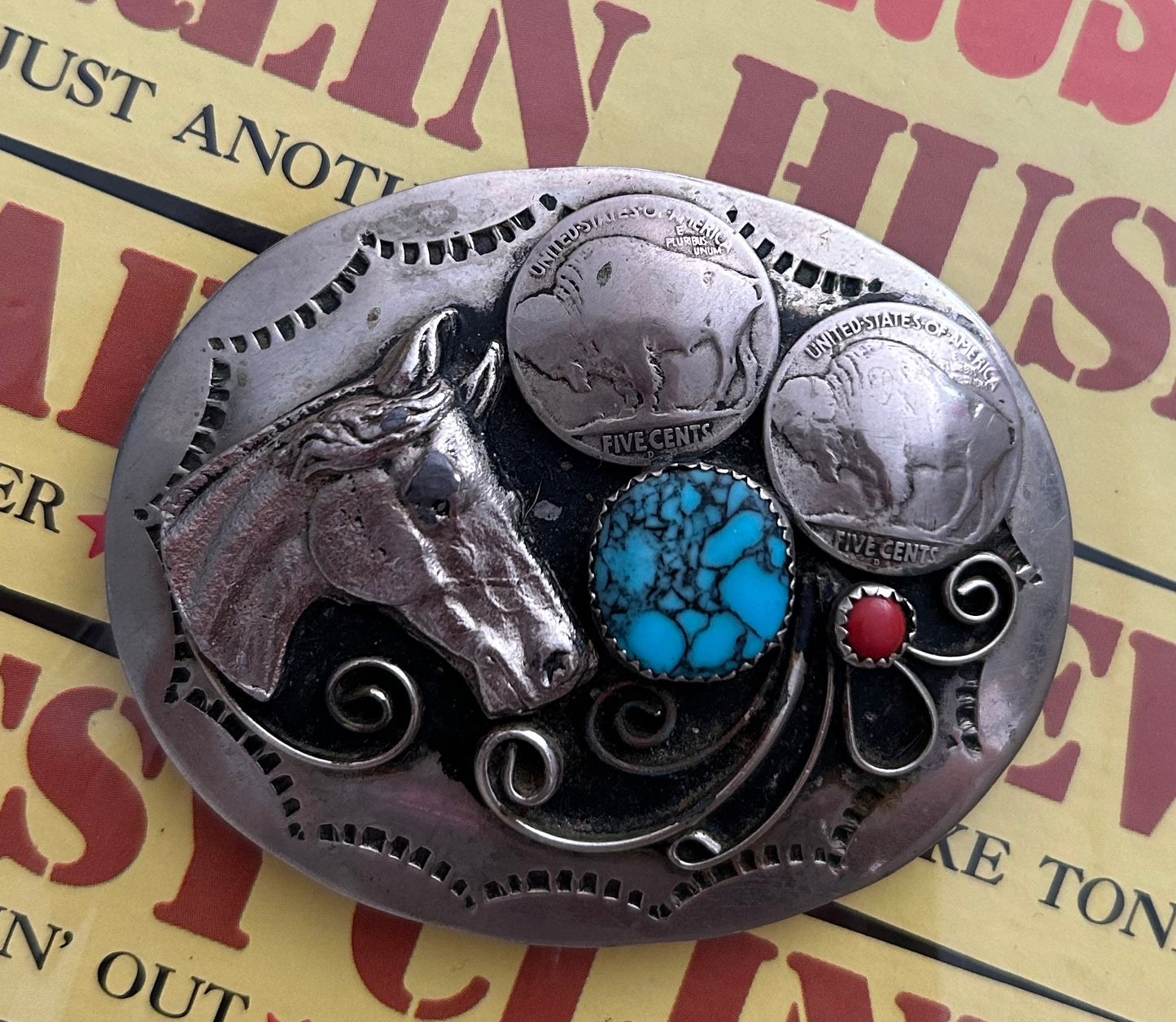 Buffalo nickel multi stone horse head belt buckle