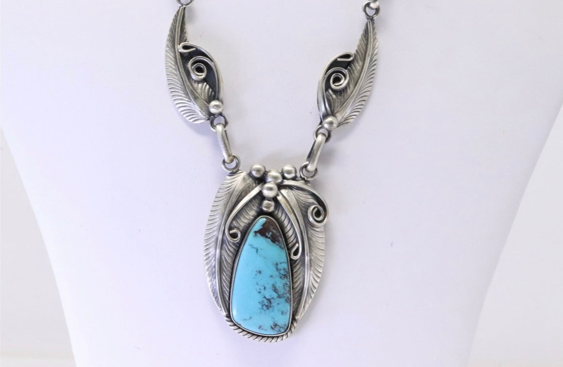 Native America Navajo Sterling Silver Turquoise Necklace Leaf By Davey Morgan.