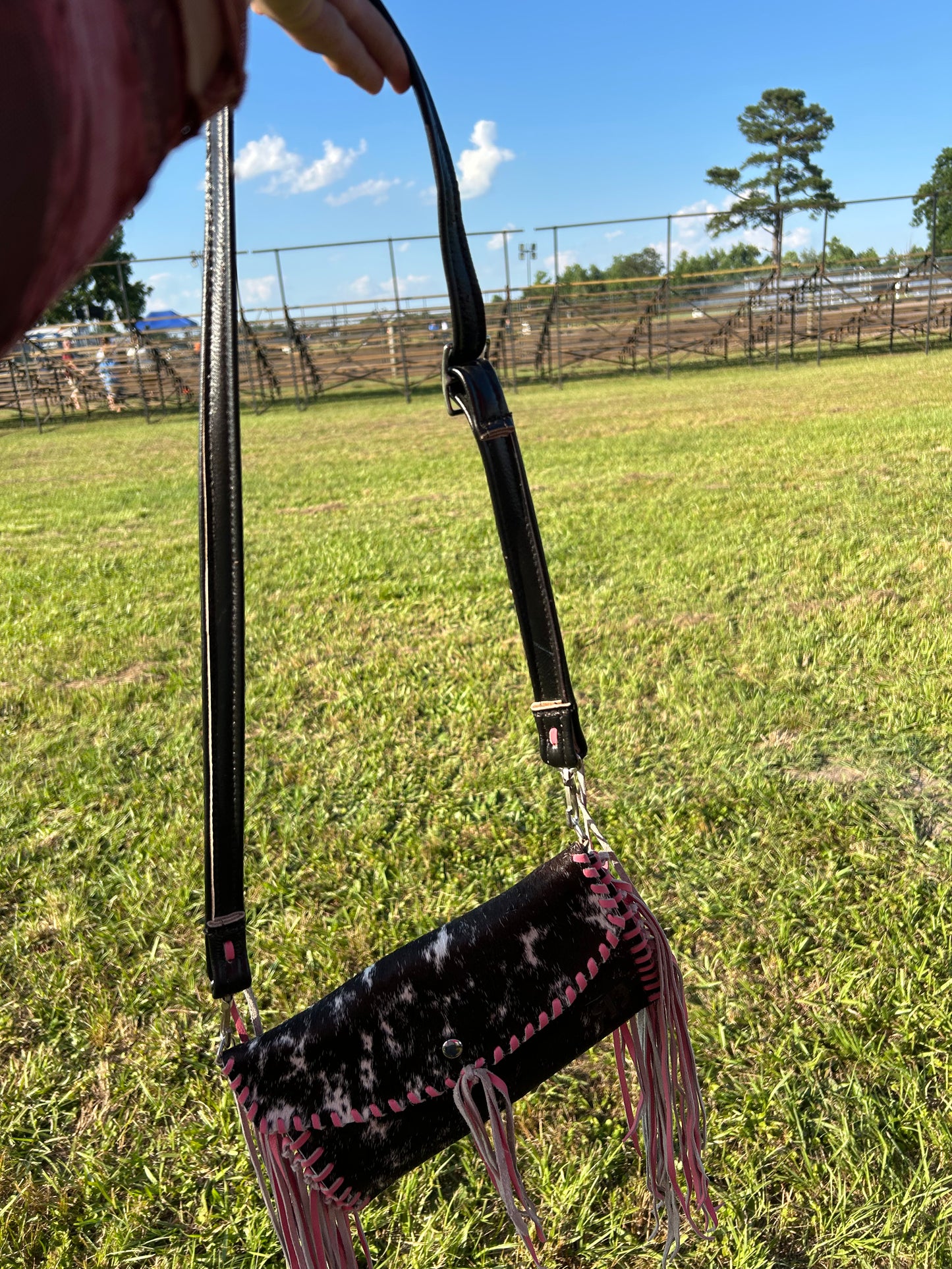 Pink fringe cowhide mini purse