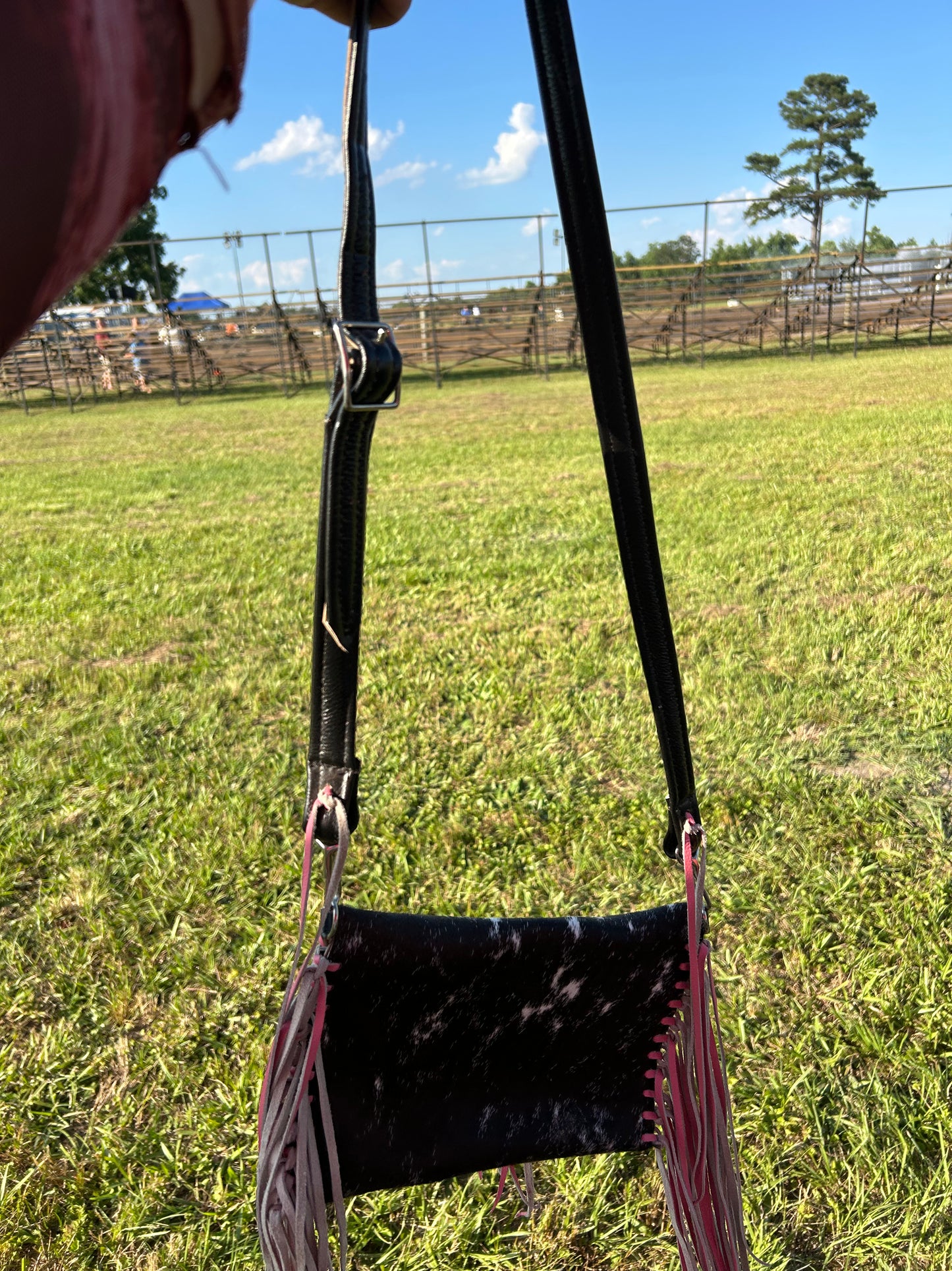 Pink fringe cowhide mini purse