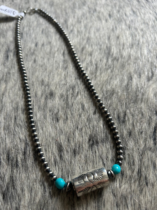 Sleeping beauty turquoise & native pearls shotgun shell necklace