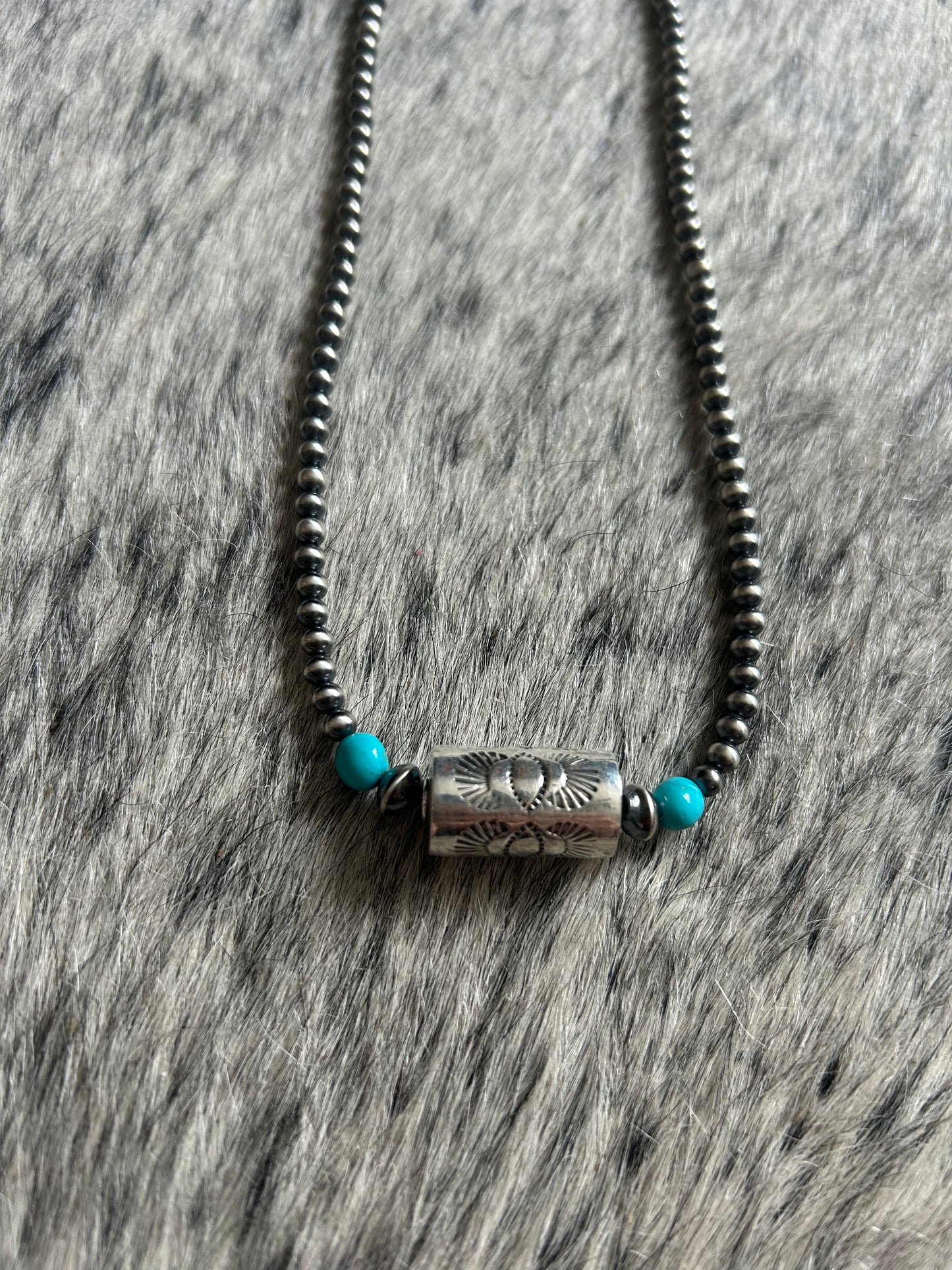 Sleeping beauty turquoise & native pearls shotgun shell necklace