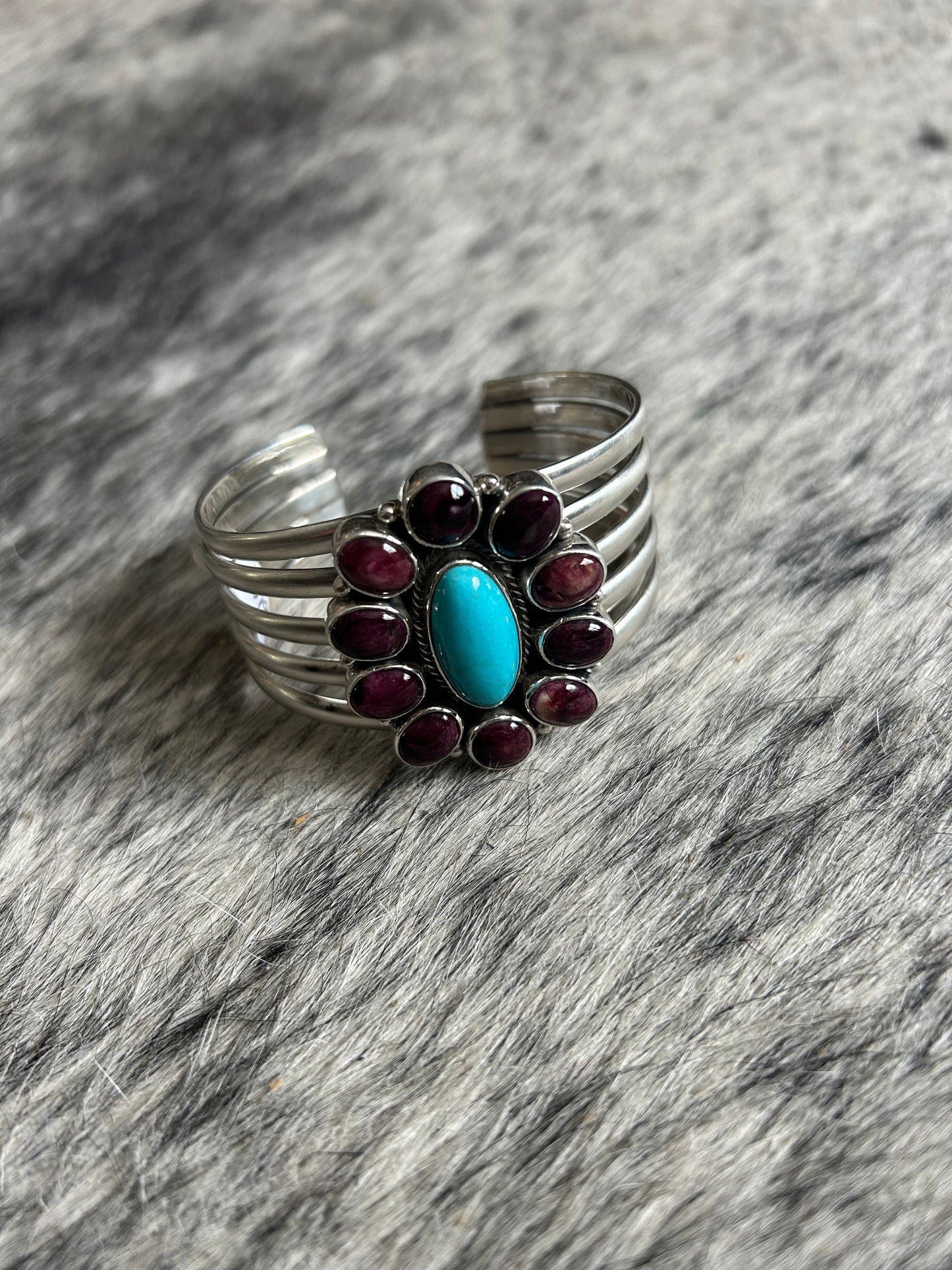 Purple spiny oyster & kingman turquoise native made cluster cuff