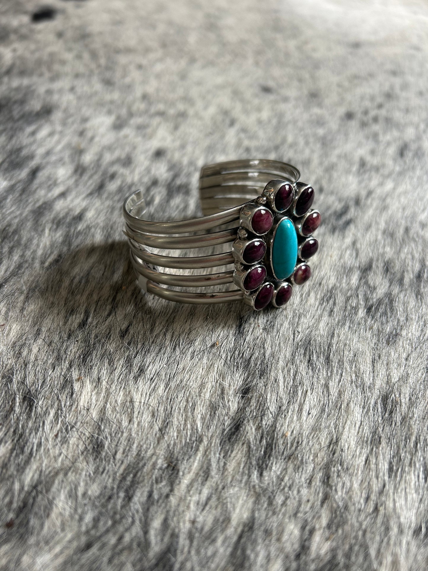 Purple spiny oyster & kingman turquoise native made cluster cuff