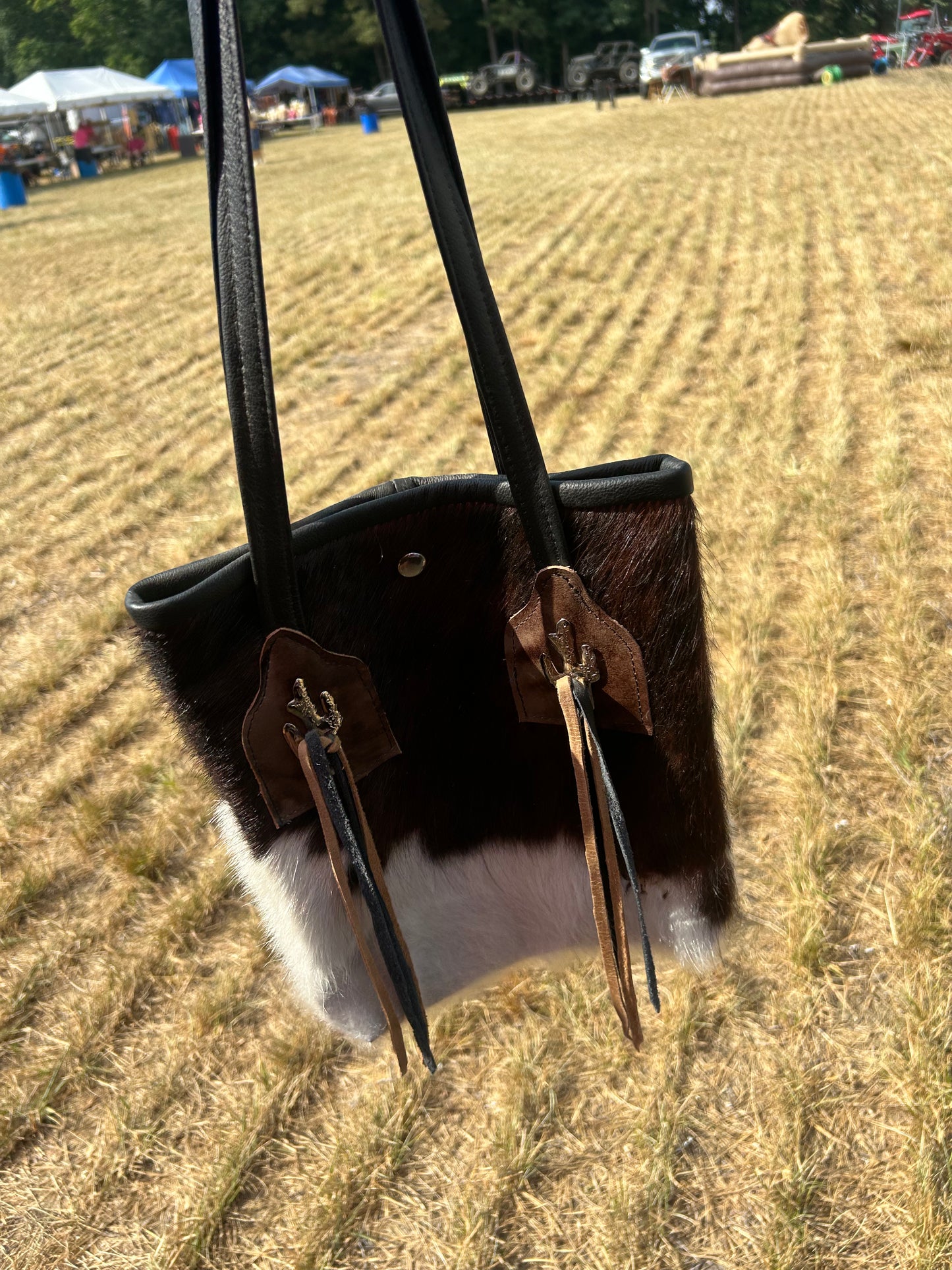 Black & white cowhide cactus fringe purse