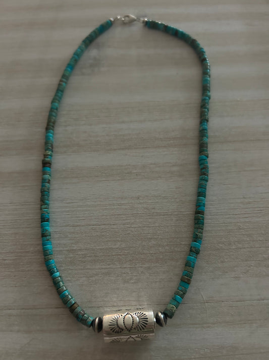 Kingman turquoise & stamped shotgun shell native made necklace