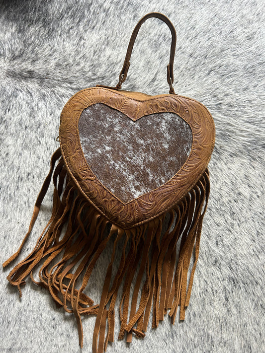 Brown Tooled & Brindle Cowhide Heart Purse