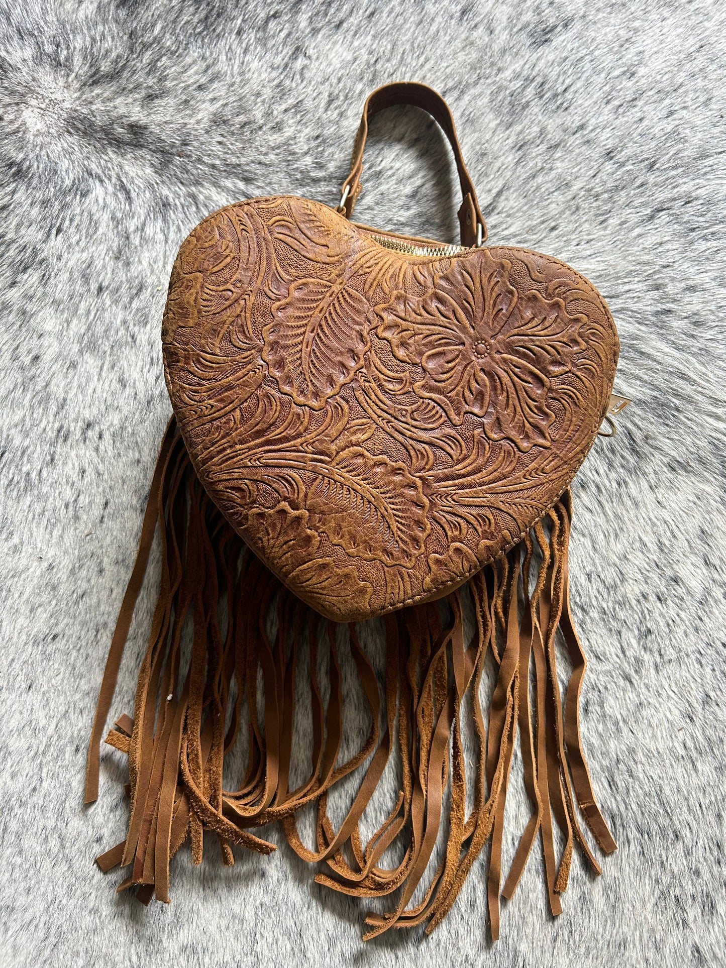 Brown Tooled & Brindle Cowhide Heart Purse