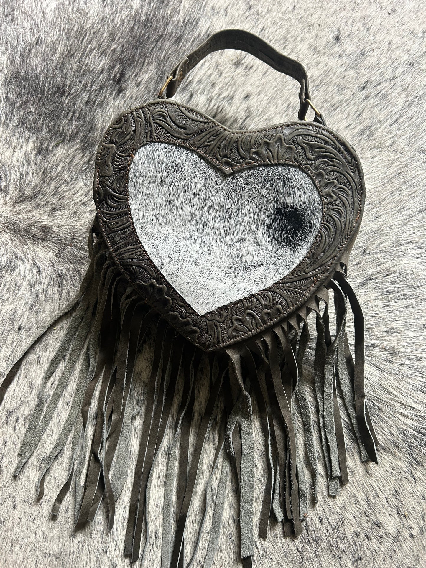 Grey Tooled Leather With White Cowhide Heart Purse