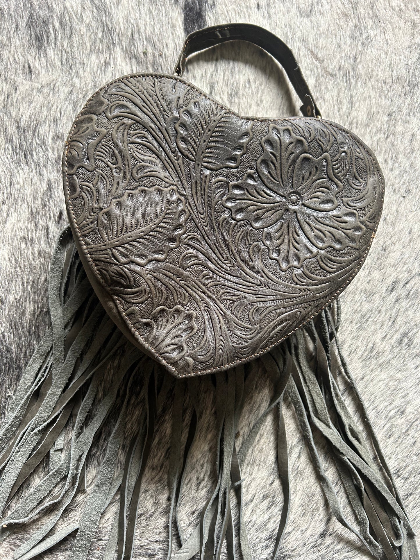 Grey Tooled Leather With White Cowhide Heart Purse