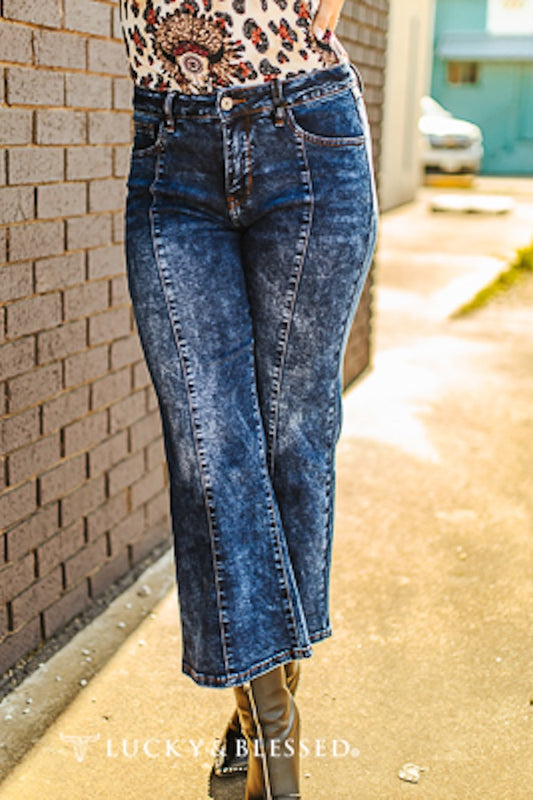 Dark Wash Crease Crop Flare Jeans (Tummy Control)