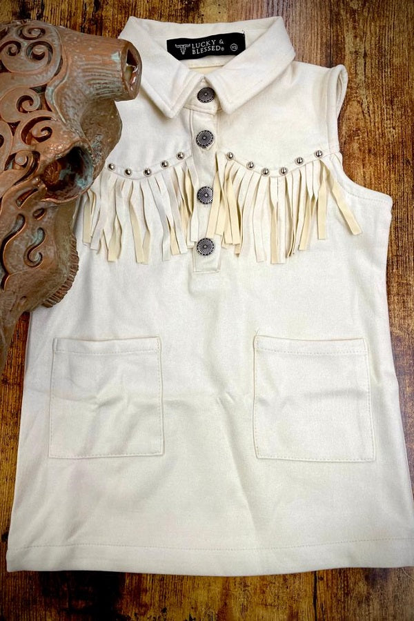 Girls Ivory Suede Studded Fringe Front Sleeveless Dress